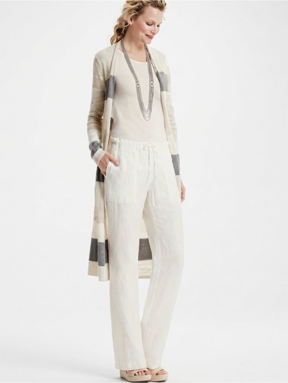 Cabi White Wide Leg Drawstring Linen Blend Casual Pants Size Medium (M)